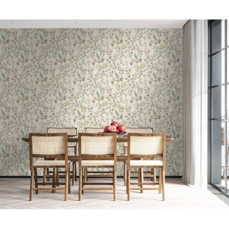 Papier peint floral non tissé jaune, Crème