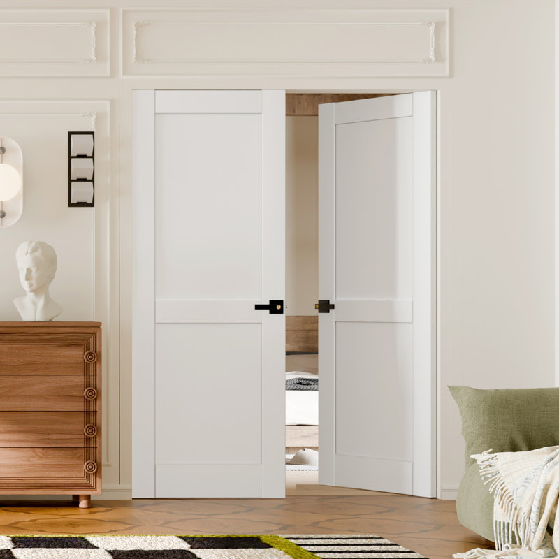 Porte intérieure à dalle - 2 panneaux de panneau de fibres à densité moyenne blanc de style Shaker avec porte à peindre avec poignée, quincaillerie non incluse