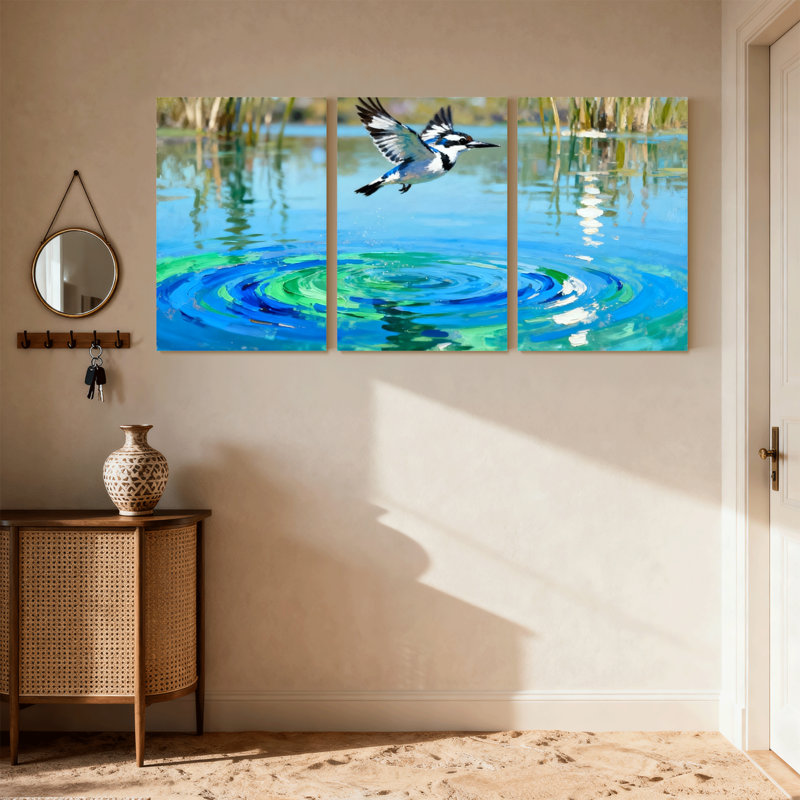 Oiseaux Martin-pêcheur volant au-dessus de l'eau, ondulations, réflexions, ensemble de 3 reproductions d'art sur toile
