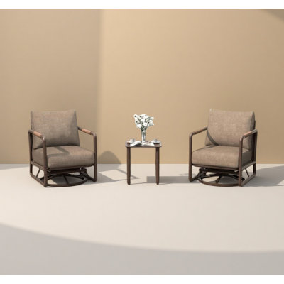 3 Piece Patio Outdoor Aluminum Swivel Rocking Chair with Coffee Table and 6.7" Thickened Cushions, All Weather Outdoor Furniture Chairs for Garden, Poolside, Deck-Brown