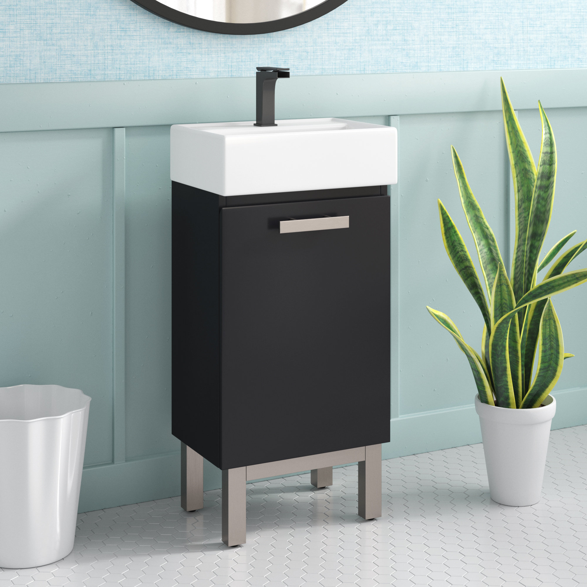 16.5 Blue Floating Corner Bathroom Vanity with Medicine Cabinet