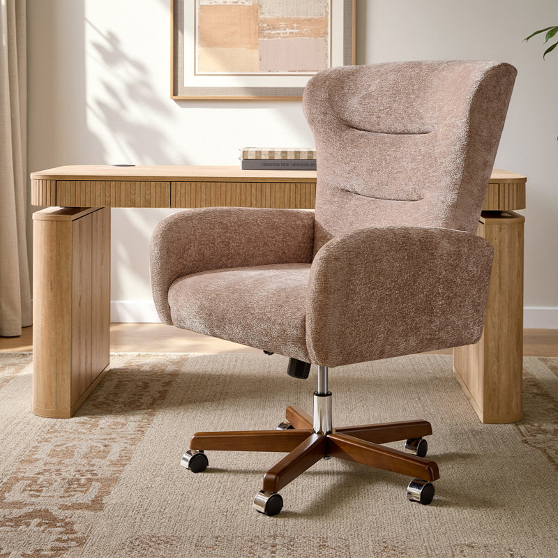Caden Modern Chenille Simple Assembly Wingback Executive Chair with Adjustable Height and Curved Armrests, Sand