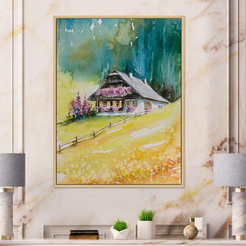 Alpine House On Green Mountains - peinture sur toile, H 20 po x l 12 po, Cadre flottant en érable