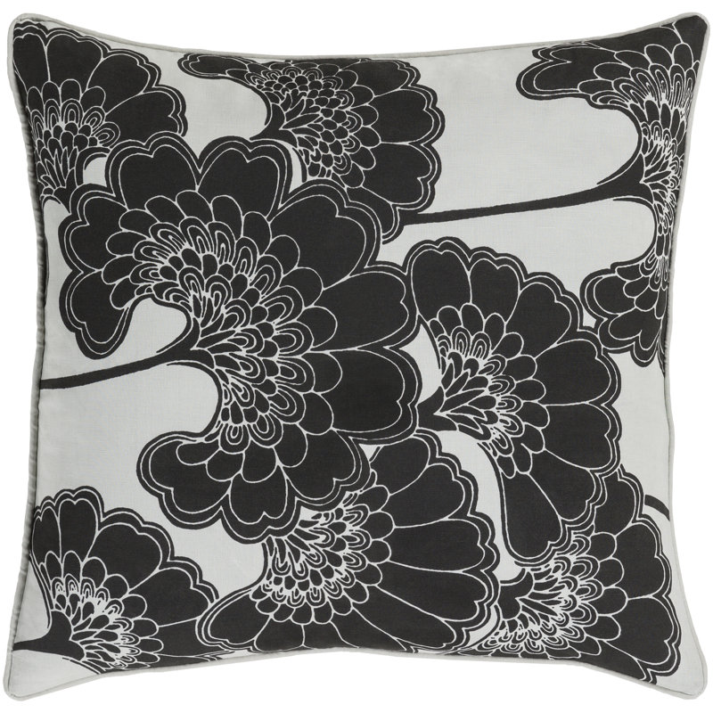 Coussin décoratif floral japonais, H 18 po x l 18" x P 4 po, Noir / Ivoire