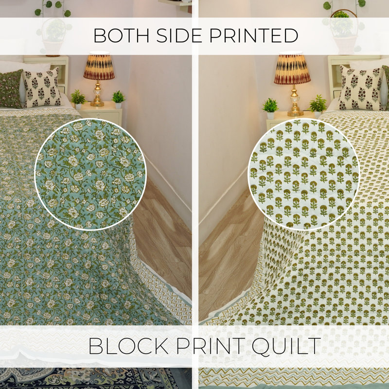 Fabdivine Luxury Block Print Cotton Quilt Floral Boho Bedding for Bedroom & Sofa, Blue/Green, Cal King