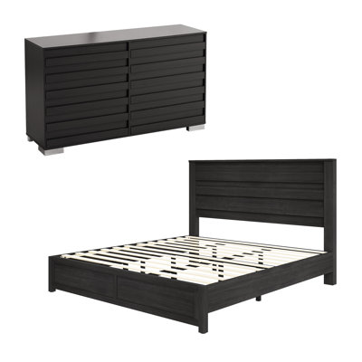  Ensemble de chambre avec très grand lit 2 pièces, lit plateforme et commode 6 tiroirs Farmhouse, noir
