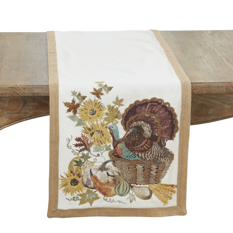 Fall Embroidered Turkey, Foilage And Sunflower Cotton Table Runner 16 X 72 Inch