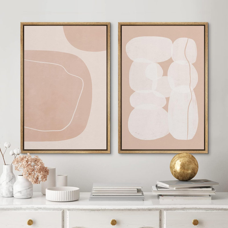 «Coral and White Mid-Century Polygons and Circles», 2 pièces sur toile, H 24 po x l 16 po, Naturel