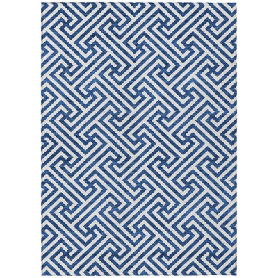 5' X 8' Blue And Ivory Geometric Washable Indoor Outdoor Area Rug