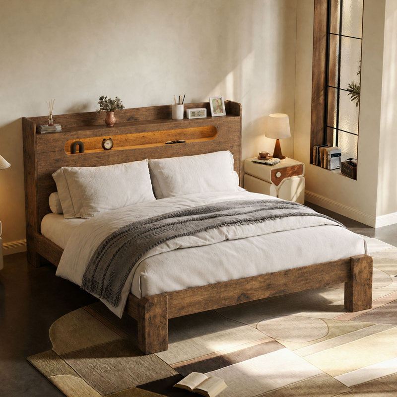 Très grand lit double très grand King Boho avec 2 prises USB et lumière RVB Mid-Century, Très grand lit