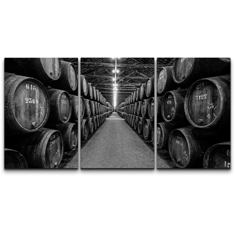 Retro Vintage Black & White Wine Barrels Drinks & Cocktails Food Photography Realism Decor Rustic, Wrapped Canvas