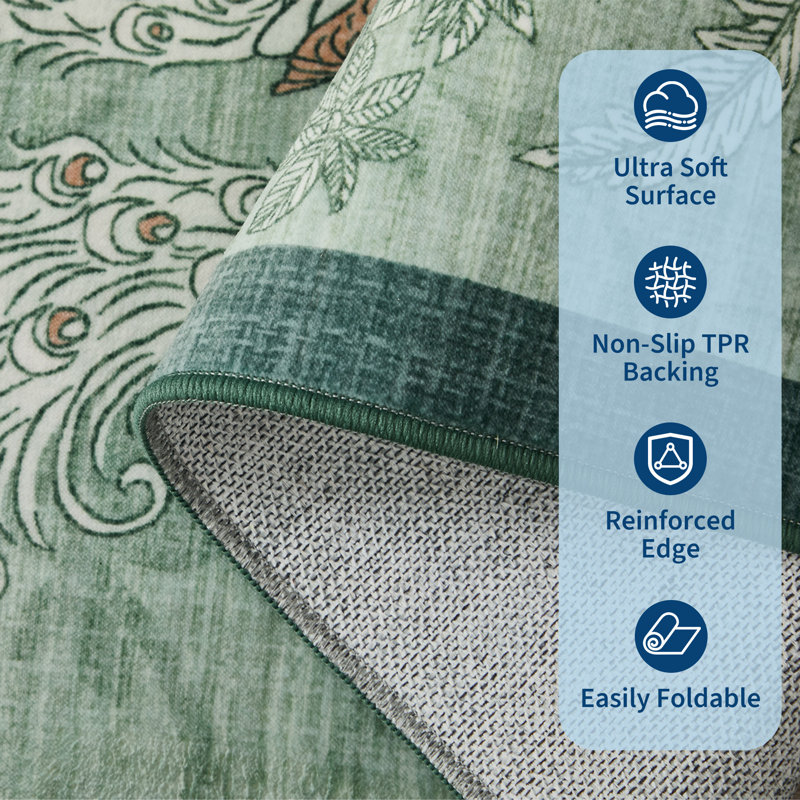 Tapis lavable à motif botanique tropical, Green, Rectangle 5 pi x 7 pi