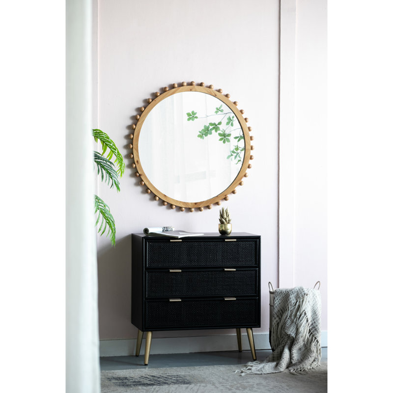 Miroir en bois 33,5 "avec cadre perlé élégant pour la décoration de salon de chambre à coucher ronde