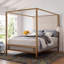Lit à baldaquin King en métal avec tête de lit rembourrée en lin, doré et beige, sommier requis-586945188-586945189
