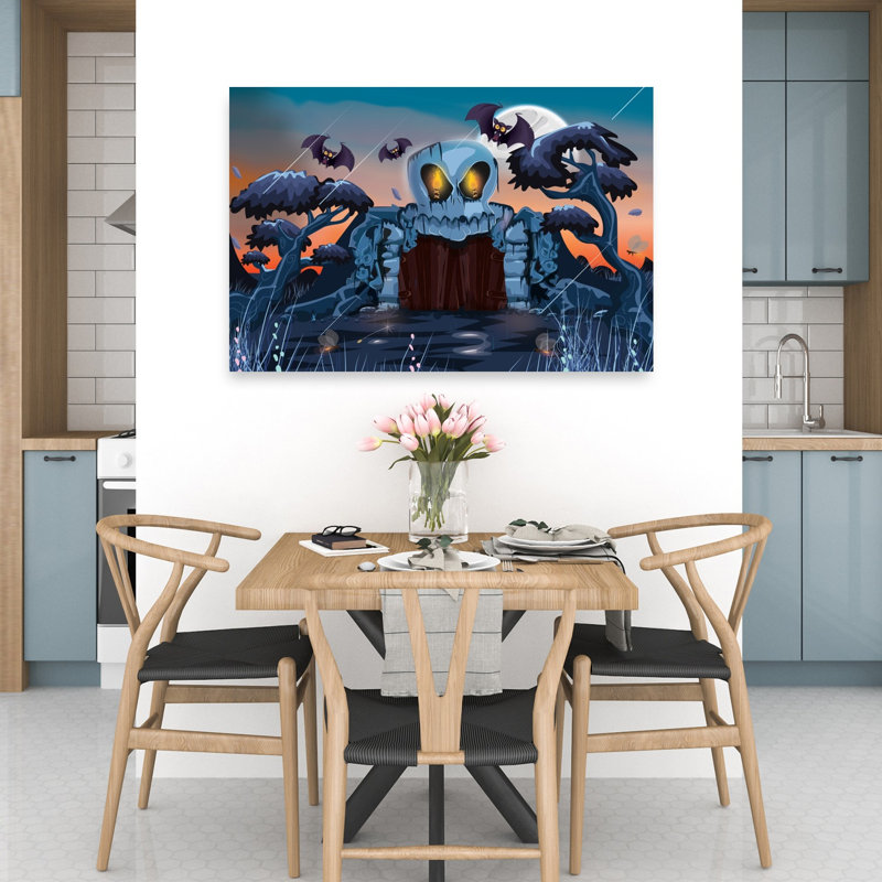 Affiche murale abstraite contemporaine représentant une porte de crâne au clair de lune, un paysage de chauves-souris et une nature.