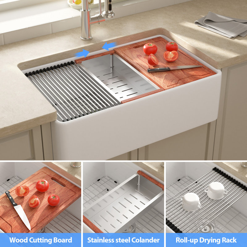 33"L x 20"W Farmhouse Kitchen Sink Deep Single Bowl Fireclay Workstation Sink with Cutting Board and Dish Drying Rack