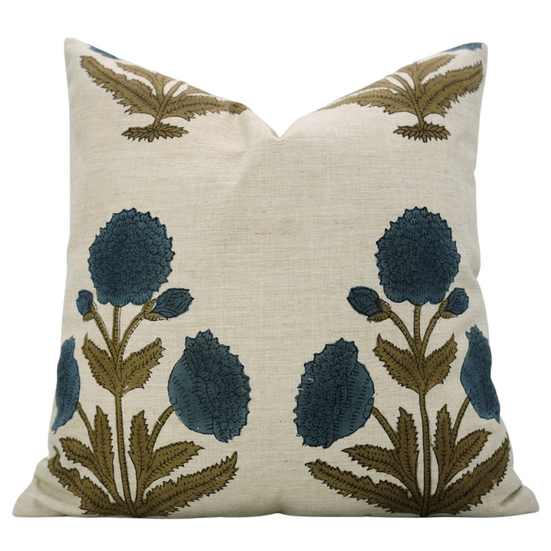 Coussin décoratif en lin fait à la main pour canapé et lit Fabcline BadShah, Bleu / Vert, H 14 po x l 20 po
