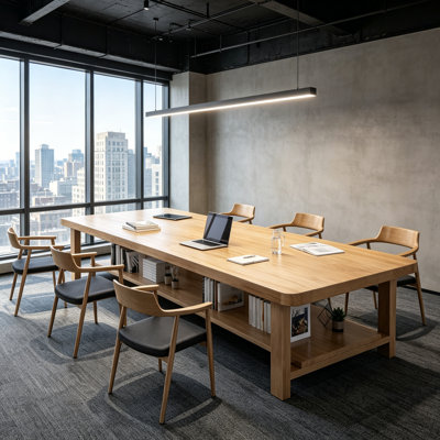 Solid Wood Conference Table, Large Rectangular Meeting Table with Lower Storage Shelf, Ideal for Conference Rooms, Home Offices and Studios