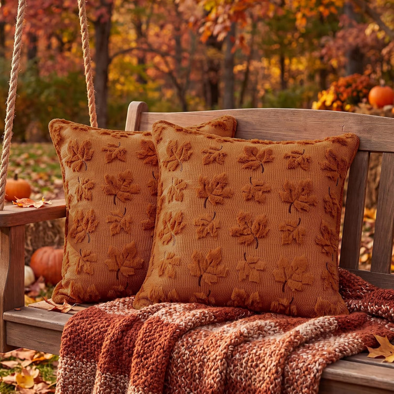 Housses de coussin décoratives d'automne 50x50 cm, lot de 2, motif feuille d'érable en peluche orange rouille