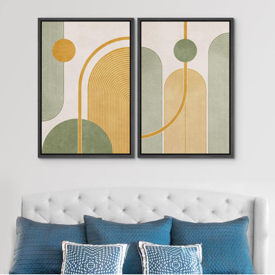 «Mid Century Modern Boho Vintage Yellow Green Polygons Abstract Shapes», art numérique calme / zen sur toile, 2 pièces