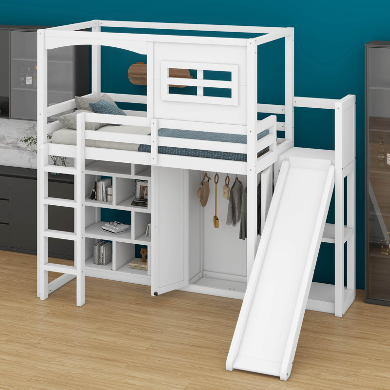 Lit mezzanine simple en bois avec garde-robe, tablettes de rangement, glissoire et lumières DEL