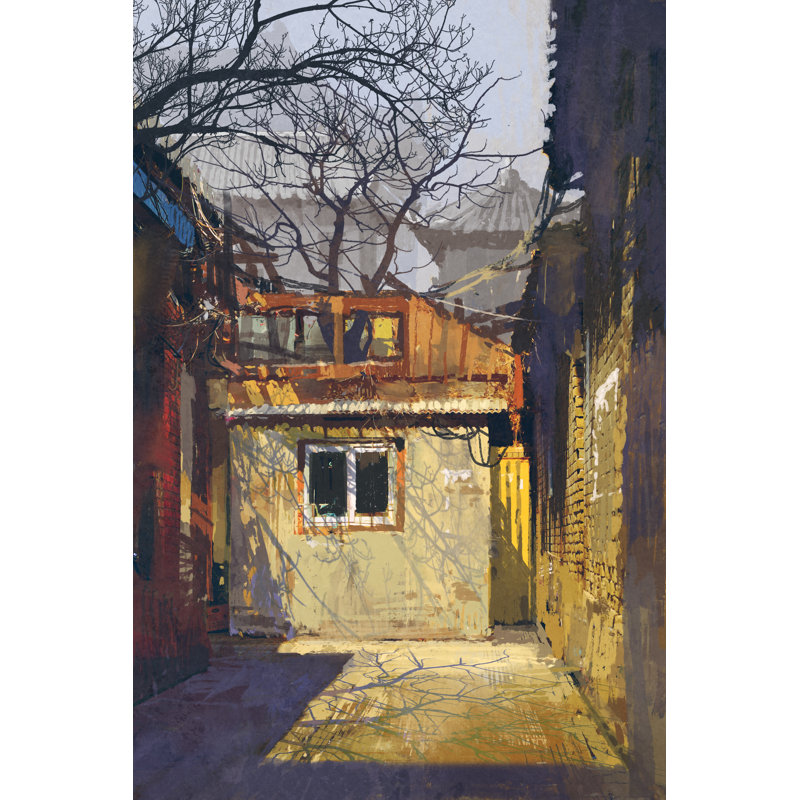 Lladira, bâtiments abandonnés - peinture sur toile tendue, H 36 po x l 24 po