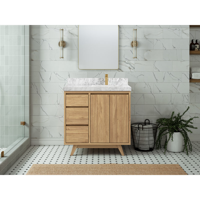 Meuble-lavabo simple l 36 po x P 22 po x H 36 po, Brun clair, Marbre de Carrare