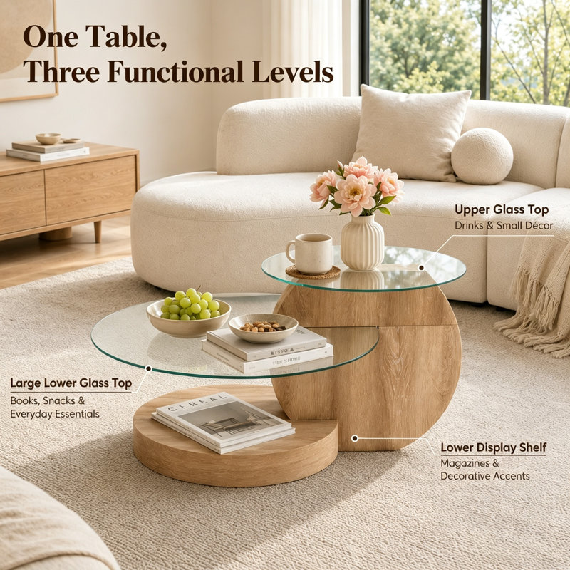 35.4" Modern Multi-Level Coffee Table with Two Tempered Glass Tops and Lower Display Shelf, Warm Natural Oak