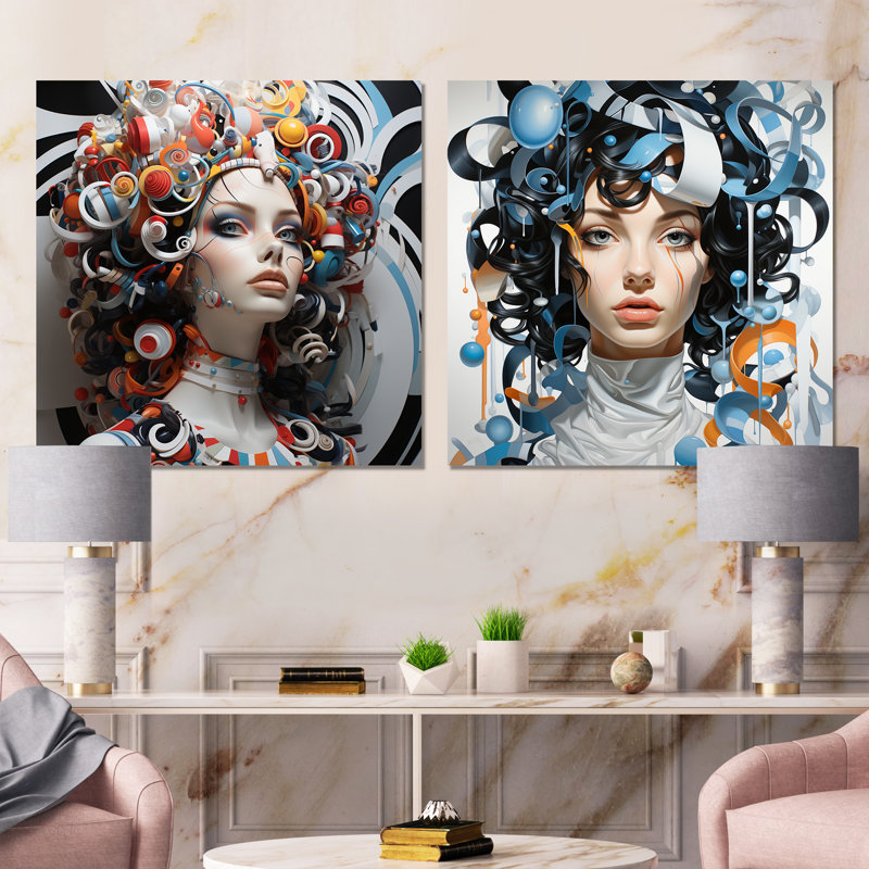 Vision abstraite du surréalisme - Portrait de femme, ensemble de 2 impressions sur toile, Toile tendue