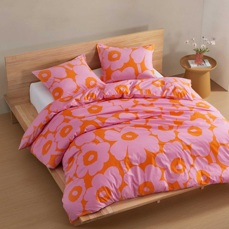 Ensemble d'édredon en coton Marimekko Unikko, Édredon pour très grand lit + 2 taies décorativ, Rose