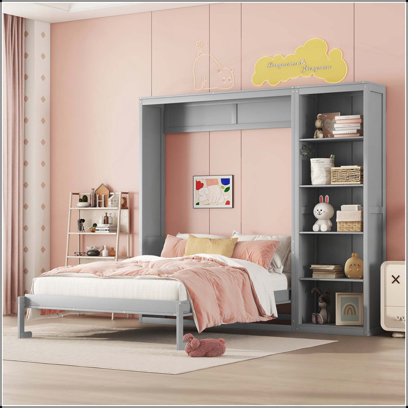 Grand lit escamotable mural avec tablettes, gris