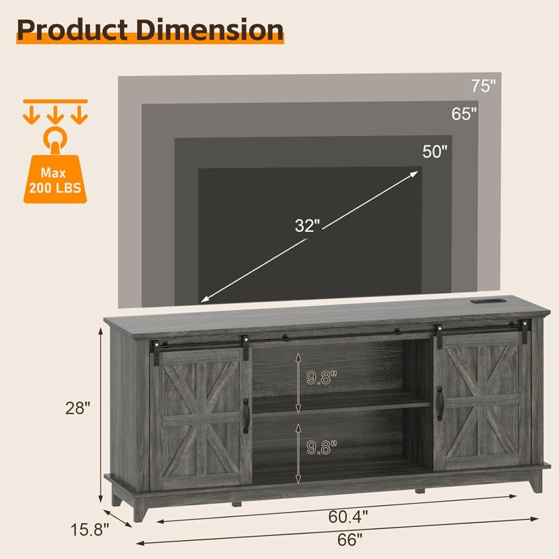 TV Stand With Two Barn Doors And Storage Cabinets, Oak