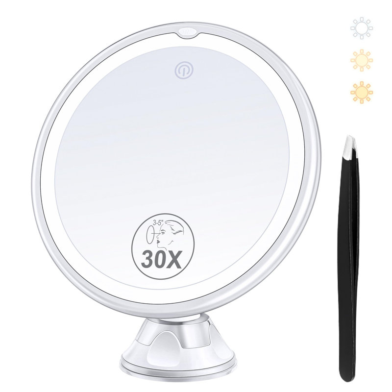 30X Magnifying Mirror With Light, 3 Color Modes And Adjustable Brightness, 360° Rotating Suction Cup Mirror