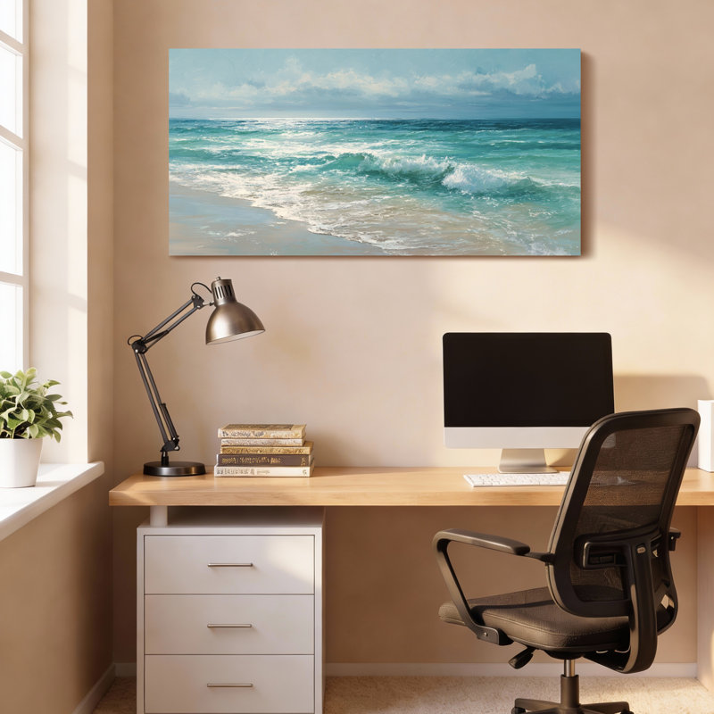 Ensemble de 1 tableau sur toile tendue représentant une scène de plage avec des vagues océaniques, H 12 po x l 36 po