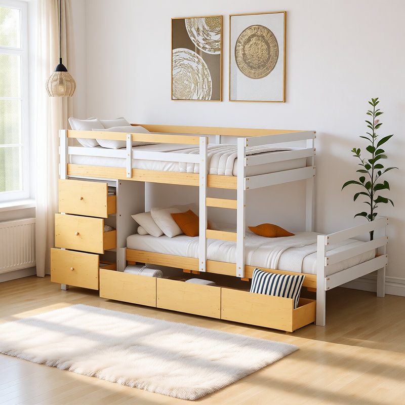 Fredonia Kids Twin Over Twin Bunk Bed with Drawers, Natural