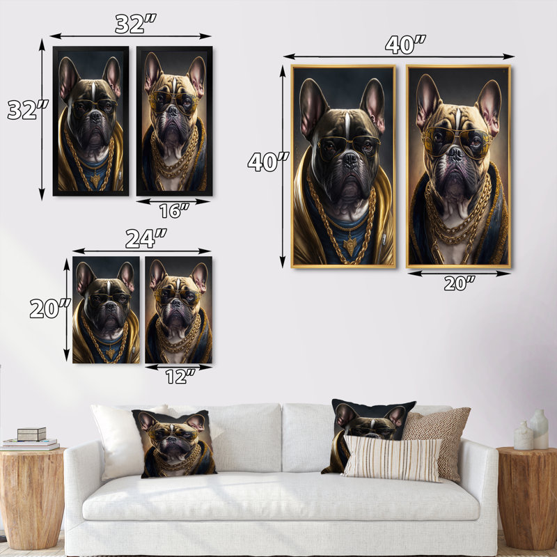 «Frenchie Gangster In NYC», 2 pièces sur toile, Cadre blanc, H 20 po x l 24 po
