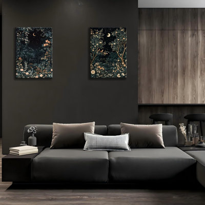 2Psc Vintage Dark Moon Botanical Framed Canvas Wall Art Dark Flower Painting Picture Wall Decor William Morris Night Fores Poster Print Artwork For Bedroom Living Home Decoration16x24 Inch
