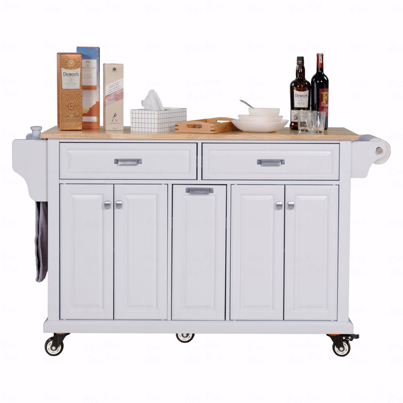 Îlot de cuisine avec comptoir en bois d'hévéa, chariot de cuisine sur 5 roulettes avec armoire de rangement, 2 tiroirs supérieurs et un tiroir de rangement central à double couche