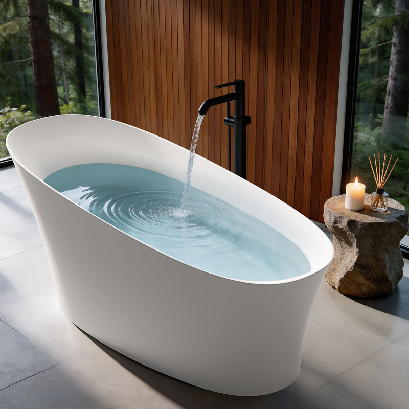 PetalEdge 67"×30" Freestanding Solid Surface Resin Stone Bathtub, 14.5" Deep Soaking Tub with Overflow, Pop-Up Drain