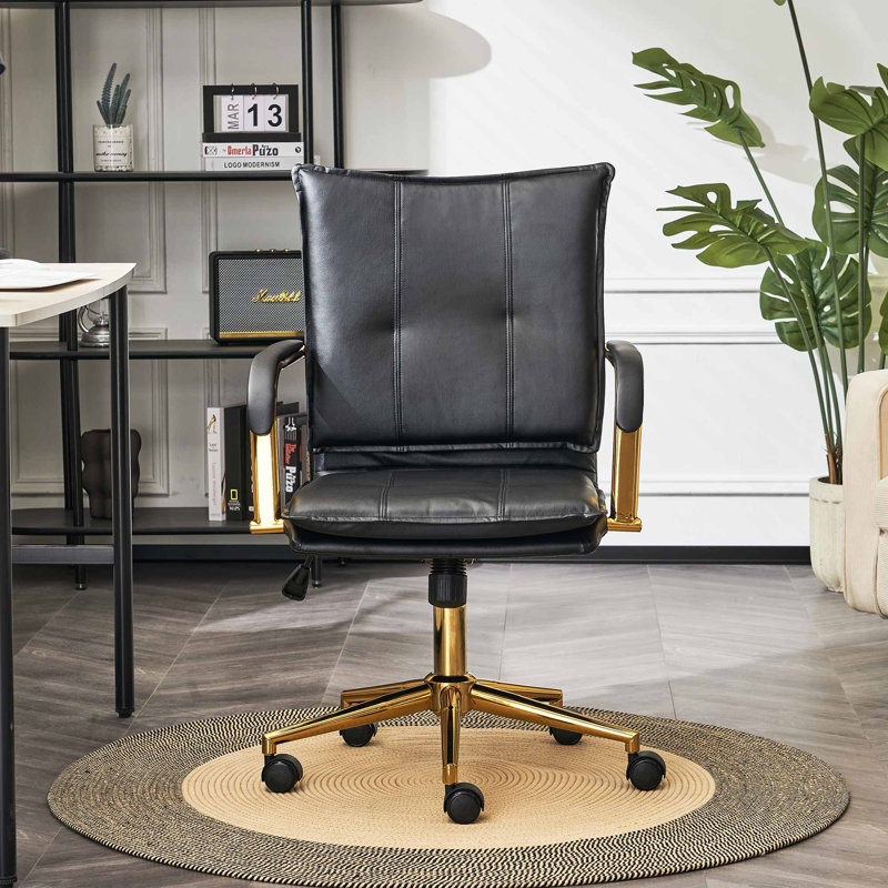 Dareece Leather Task Chair with Padded Arms, Black