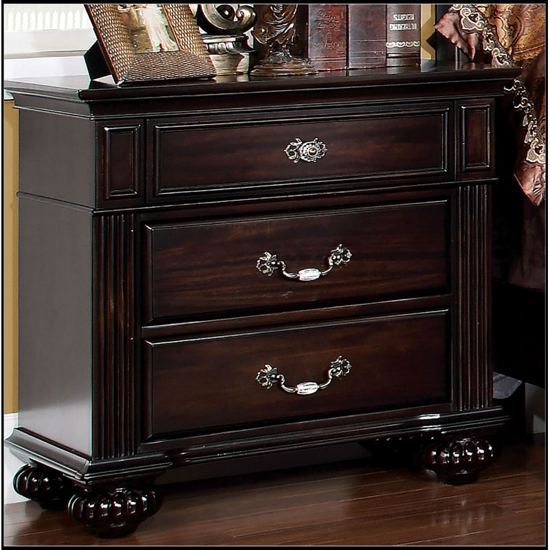 1pc Nightstand Only Traditional Dark Walnut Solid wood 3-Drawers, Walnut