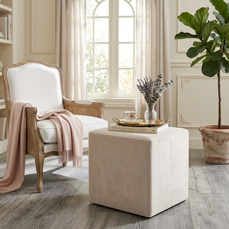 17" Wide Square Velvet Cube Ottoman, Modern Upholstered Footstool For Living Room & Bedroom, Beige, Beige Velvet