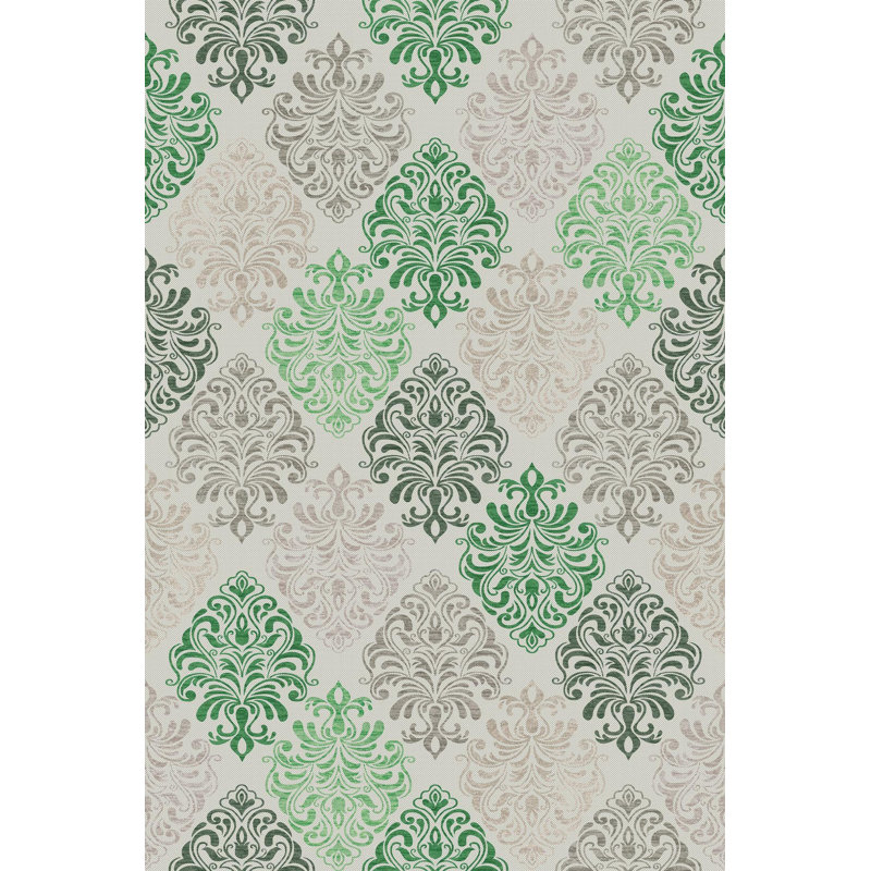 Tapis marocain beige / vert en polyester tissé à plat à la machine Adelbert, Rectangle 3 pi 3 po x 4 pi 11 po