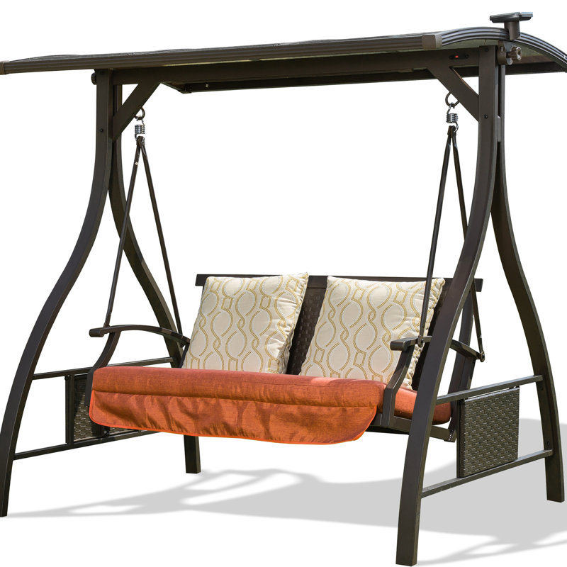 Balancelle de patio avec coussins de conception ergonomique, auvent réglable, panneau solaire à DEL, table d'appoint pliable pour le raccordement de ressorts de jardin, coussins
