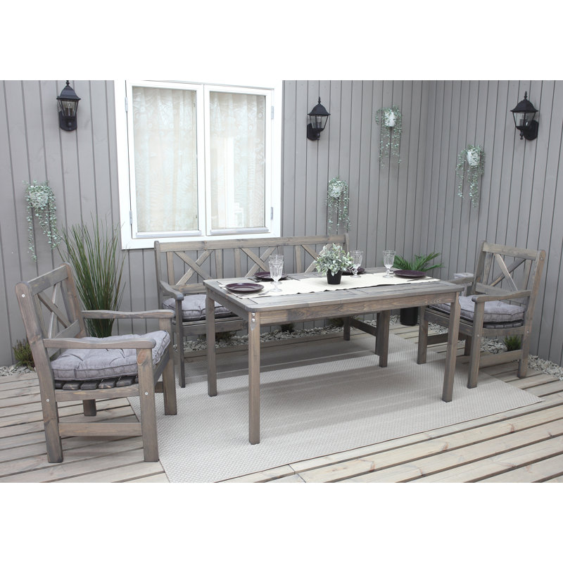 Destry 5 - Person Solid Wood Patio Dining Set Rectangular Table with Cushions Included, Light Grey