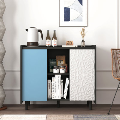 Sideboard Buffet Cabinet, Storage Cabinet With Red Doors, 2 Drawers With Unique Panel Styling And 2 Open Storage Compartment