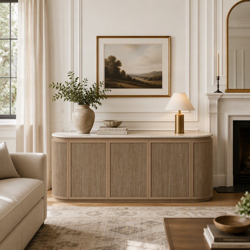 Buffet élégant avec dessus en pierre et dessus en corde avec corde idéal pour le rangement élégant dans les salles à manger ou les espaces de vie