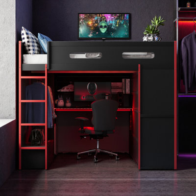 Full Size Kids Gamer Loft Bed with Built-in Desk, Ample Storage, USB Port & Interactive RGB Lighting