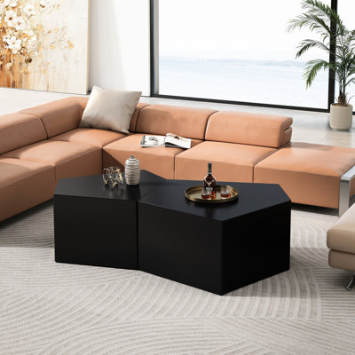 Table basse avec motif géométrique, tables d'appoint irrégulières en forme de pentagone pour le salon, Black 2, et collection de café, maison, 2 pièces, facile à nettoyer, pratique, aucun assemblage requis