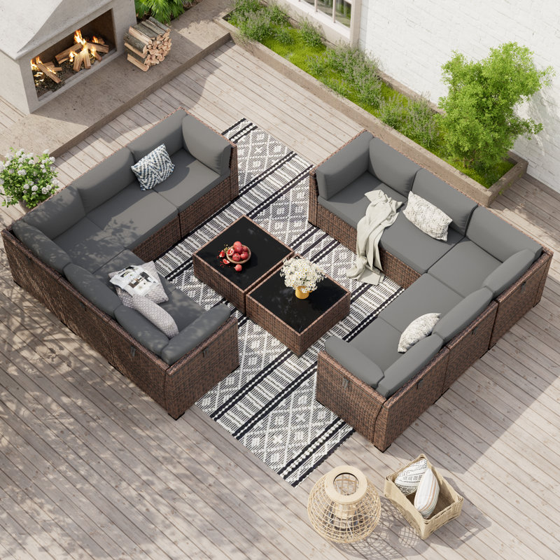 Treyshun Wicker 10 - Person Modular Patio Conversation Set with Cushions, Grey